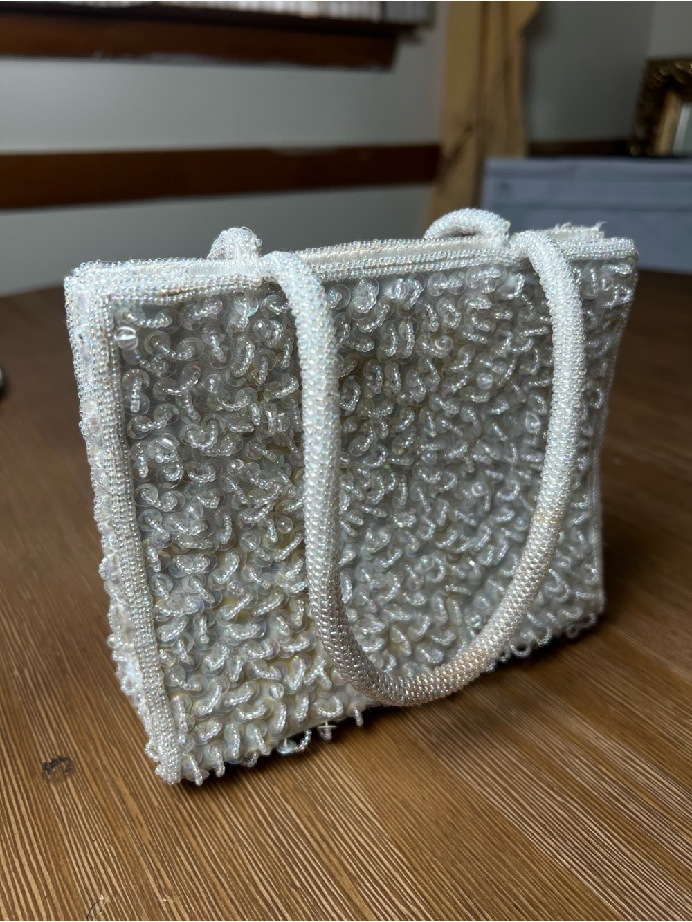 Vintage Ivory Beaded Embroidered Mini Tote Handbag Purse Bridal